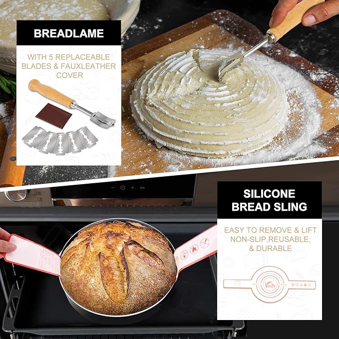Bread Proofing Basket Set with 10" Round and 9.6" Round Banneton Baskets, Silicone Bread Sling Baking Mat, Whisk Cutter Scraper Lame - Sourdough Bread Baking Supplies Ideal Sourdough Starter Kit