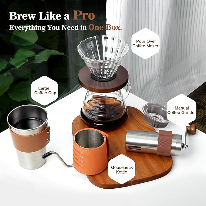 LHS Pour Over Coffee Maker Set - 4 Piece Kit Includes Gooseneck Kettle, Removable Coffee Mill Grinder, 500ML Cup & Coffee Dripper Brewer with Lid, Perfect for Home Brewing and Travel