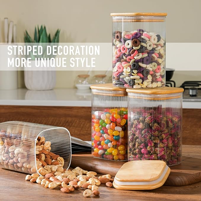 37oz Airtight Glass Square Storage Canisters with Bamboo Lids Set of 4 (1100ml) Striped Stackable Containers, Kitchen Jars for Pantry Noodles, Flour and Coffee beans (‎with Black Lable)