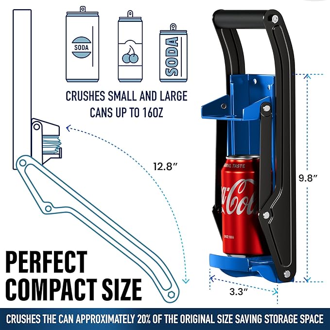 Can Crushers for Recycling - 16 oz Heavy Duty Aluminum Can Crusher Wall Mounted - Soda and Beer Can Smasher for Recycling with Bottle Opener - For 12 and 16 oz Cans - Easy to Install, Blue - RamPro