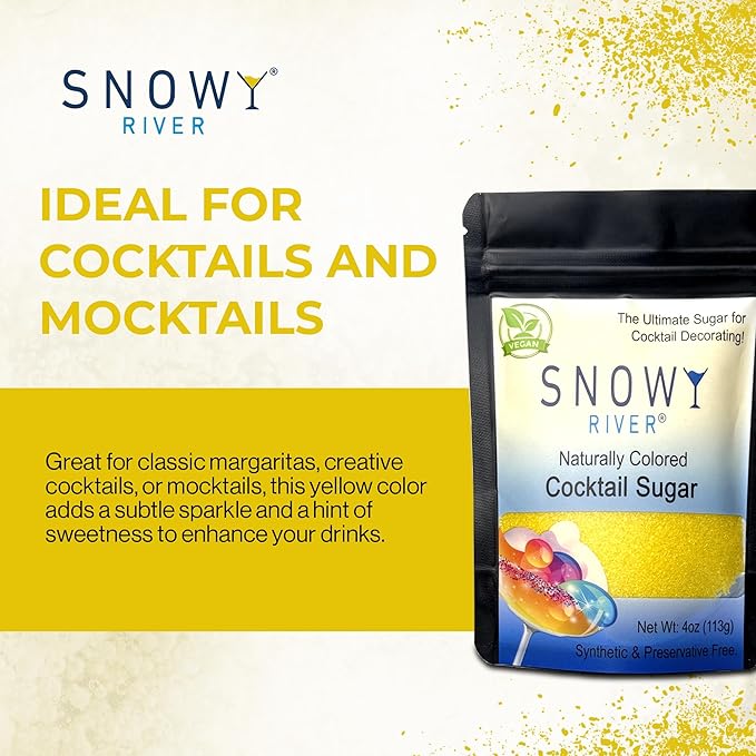 Snowy River Yellow, Cocktail & Margarita Sugar Rimmer - Vibrant Naturally Colored Sugar for Cocktail Rimming, Baking & Decorating, Medium Crystal - 4oz
