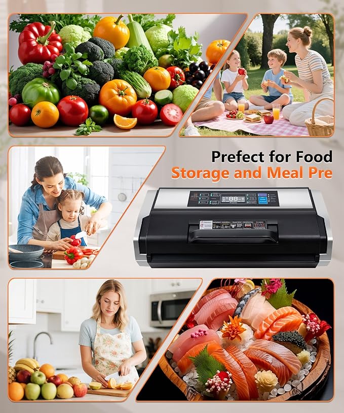 95kPa Vacuum Sealer Commercial Automatic Food Vacuum Sealer, 10-in-1 System, Auto Pop-Up Cover, Double Heat Seal, Easy-Lock Handle, Built-In Cutter with 1 Roll & 15 Bags, Black Silver