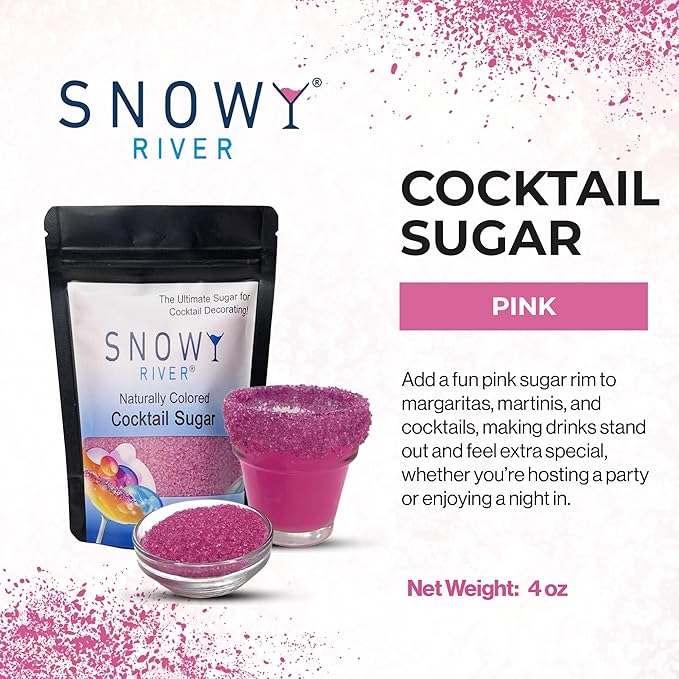 Snowy River Pink, Cocktail & Margarita Sugar Rimmer - Vibrant Color Glass Rimming Sugar with Medium Crystal Texture - 4oz