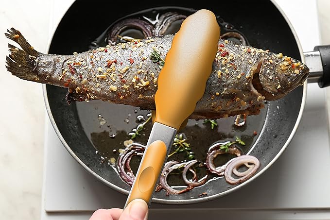 9-Inch & 12-Inch Premium Stainless Steel Food Tongs, Orange Silicone BPA Free Non-Stick BBQ Cooking Grilling Locking Kitchen Tong