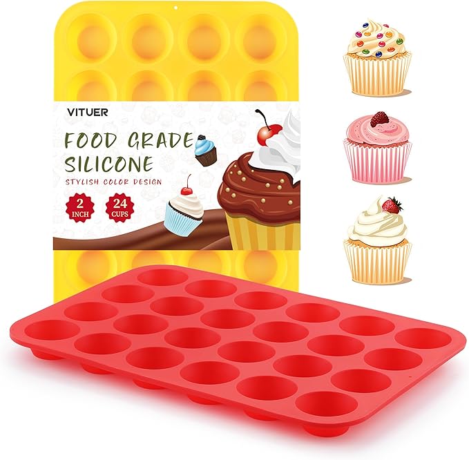 2PCS Silicone Mini Muffin Cupcake Pan, Non-Stick 24-Cavity Silicone Muffin Pans for Baking, Great for Making Muffin, Cakes, Tart, Bread, BPA Free, Dishwasher Safe (Red+Yellow)