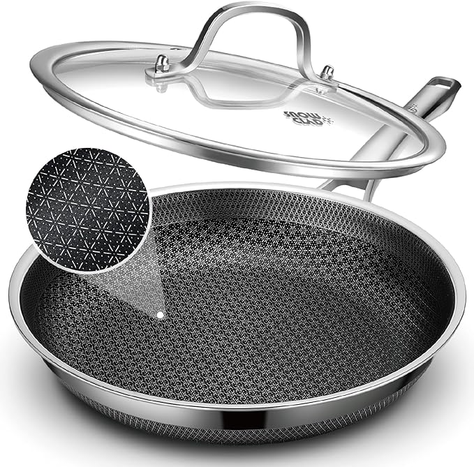 Frying Pan with Lid, 12 Inch Hybrid Non Stick Stainless Steel Skillets, Dishwasher Induction Oven Broiler Safe, Non Toxic Chef's Pan, PFOA Free Cookware