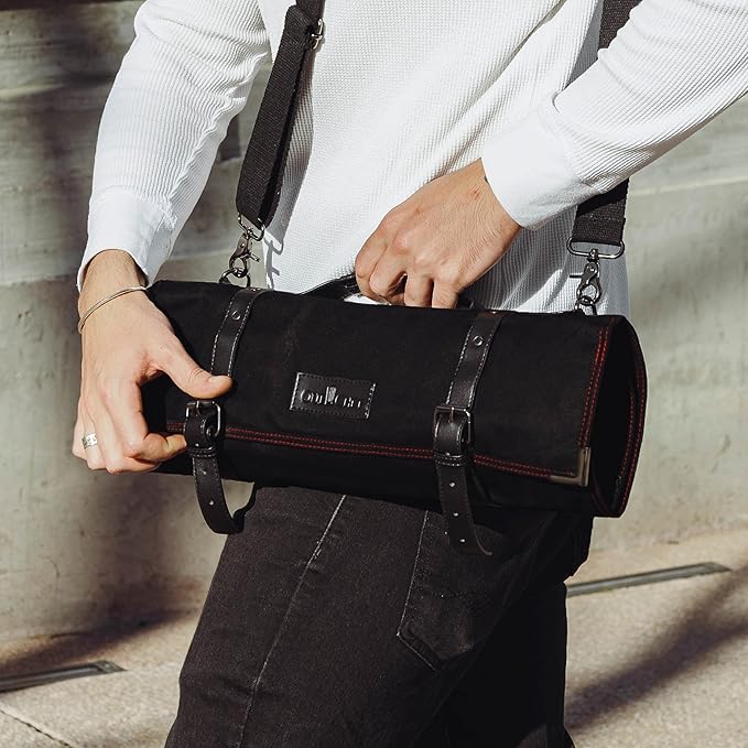 OuiChef Chef Knife Bag for 10 Knives & Utensils - Waxed Canvas & Vegan Leather - Travel Knife Case with Straps - Professional Chef Roll Bag
