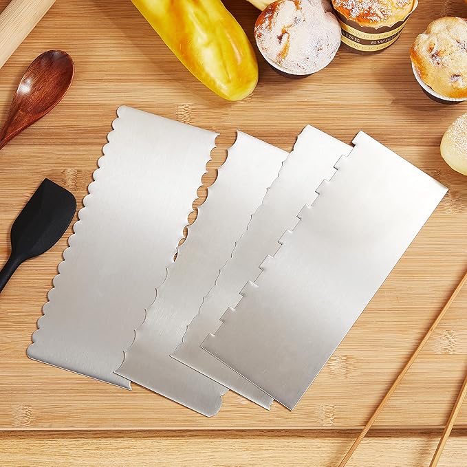 Geiserailie 4 Pieces Stainless Steel Cake Scraper Smoother Large Double Sided Patterned Edge Stripe 9 Inch Metal Cake Decorating Comb for Icing Mousse Butter Cream Decoration, 4 Styles