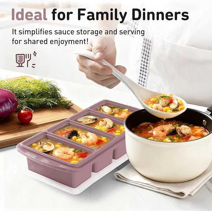 Silicone Freezer Tray with Lid Soup Freezer Container Molds with Steel Reinforced Rim Large Ice Cube Tray Makes 8 Perfect 1 Cup Portions Cubes Storage Food Containers House Essentials for New Home