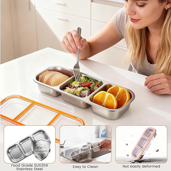 Bandesun Stainless Steel Snack Containers for Kids & Adults, 3 Pack Leek Proof Metal Bento Lunch Box with with lids, Lunchable Containers for Travel, School, Home - Stackable Bento Snack Box