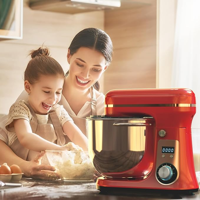 Biolomix Kitchen Electric Stand Mixer, 6 Speed Tilt Head Food Mixer with 6.5 QT Stainless Steel Bowl, Dough Hook, Flat Beater, Whisk and Anti Splash Cover, (6.5QT, Red)