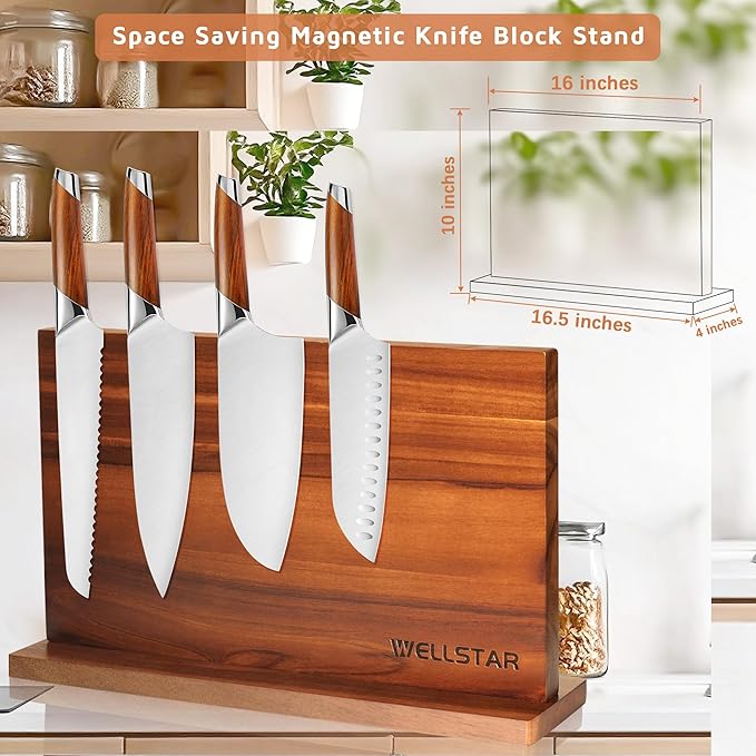 Modern Acacia Magnetic Knife Block Holder 16 x 10 Inches, Extra Large Dual-Sided Strong Magnet Wood knives Stand, Luxurious Kitchen Counter Rack Organizer for a Stable and Stylish Cutlery Display