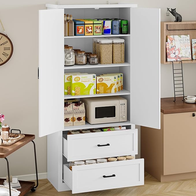 Pantry Organizers and Storage Cabinet, 71” Barn Door White Kitchen Cabinet with Drawers and Adjustable Shelf, Tall Pantry for Kitchen, Dining Room, Living Room. Bathroom and Office
