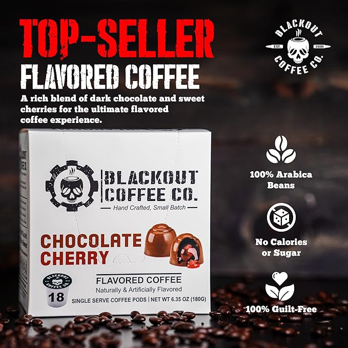 Blackout Coffee Chocolate Cherry Flavored Coffee Pods – Premium Roasted, Smooth Taste, Guilt-Free Indulgence – 18 Count Single-Serve Pods, American Made
