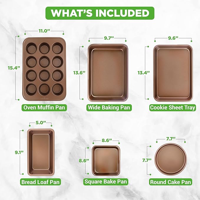 NutriChef 6-Piece Nonstick Bakeware Set, Carbon Steel Baking Pans Set, Includes Cookie Sheets, Wide & Square Bake Pans, Bread Loaf & Round Cake Pan, Muffin Pan - Gold