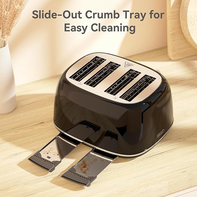 Toaster 4 Slice, Retro Stainless Toaster with 6 Bread Shade Settings,1.5''Wide Slots with Cancel/Defrost/Reheat Functions,Dual Independent Control Panel, Removal Crumb Tray (Black)