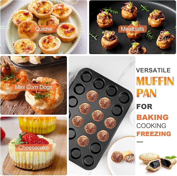 E-far Mini Muffin Pan 24-Cup - Nonstick Carbon Steel Cupcake Tin Tray for Little Bites & Freezer Prep | Warp-Free Bakeware Ensures Even Baking & Effortless Release, Regular Size & Oven Safe