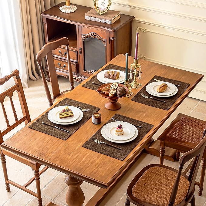 KXN Placemats Set of 8, Dual-Layer Thickened Faux Linen Table Mats, Heat Resistant & Wrinkle-Free, Machine Washable Cloth Place Mats for Kitchen Dining Indoor Outdoor (Brown)