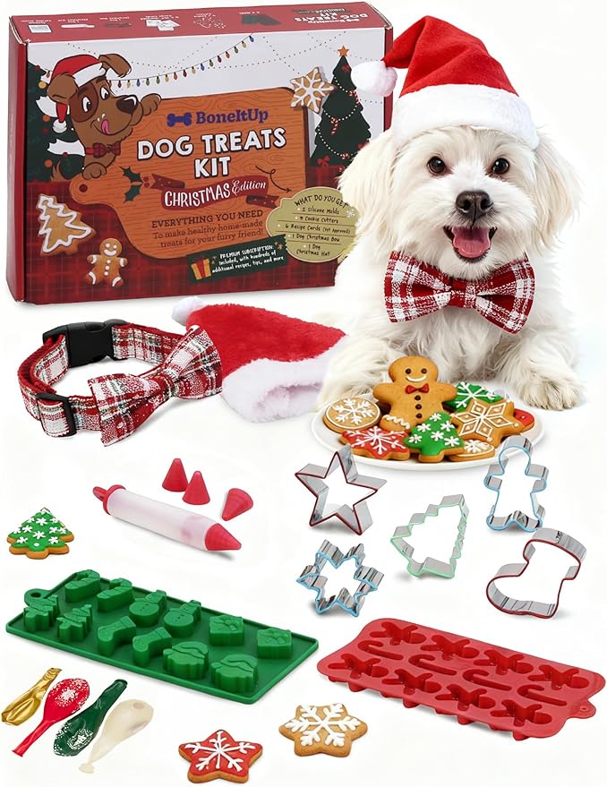Dog Treat Kit for Christmas – 2 Silicone Christmas Edition Cookie Molds, 5 Cookie Cutters, 10 Recipes, Bow, Dog Hat, 4 Decorating Balloons, Decorating Pen – Ideal DIY Kit for Dogs Lover