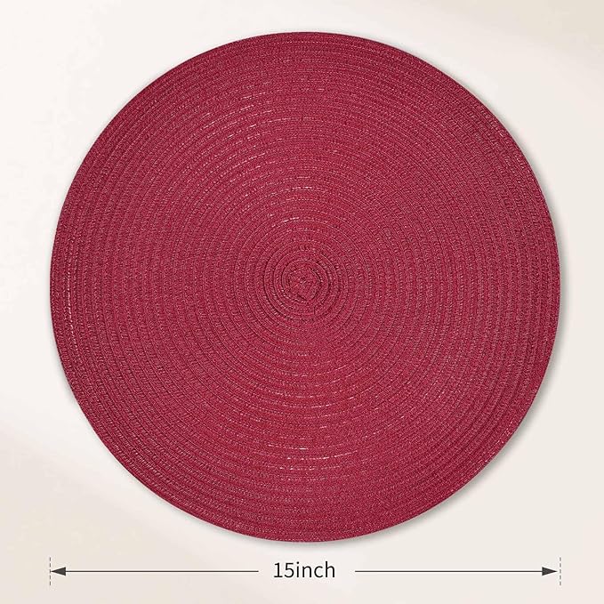 FunWheat Round Braided Placemats Set of 4 Place mats for Dining Tables Woven Heat Resistant Table Mats 15 inch (Wine,4pcs)