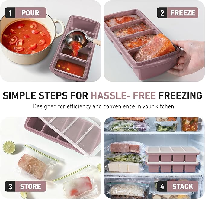 Silicone Freezer Tray with Lid Soup Freezer Container Molds with Steel Reinforced Rim Large Ice Cube Tray Makes 8 Perfect 1 Cup Portions Cubes Storage Food Containers House Essentials for New Home