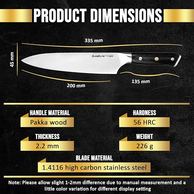 SliceElite Slice Series 8 Inch Chef Knife High Carbon German Steel Blade Pakkawood Handle Dual Sheath Sharp Cooking Knife for Meat Cleaver BBQ Kitchen Knife for Slicing Chopping Cutting Carving Tool