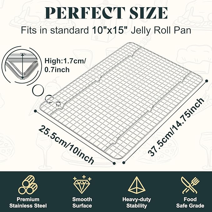 Cooling Racks for Cooking and Baking - 10"x14.75" Oven Safe Premium Stainless Steel Heavy Duty Baking Rack Tight-Wire, Fits Jelly Roll Pan Rack for Roasting & Grilling & Cooking - Set of 2