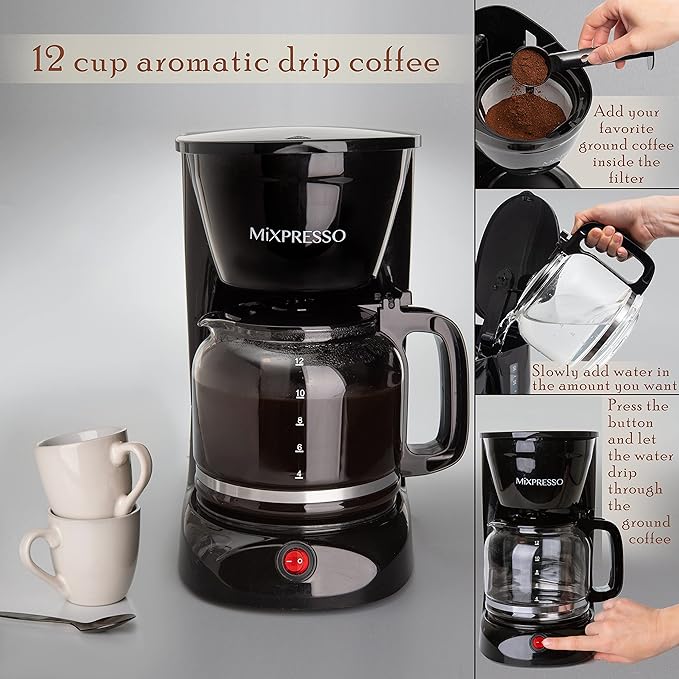 Mixpresso 12 Cup Coffee Pot, Auto-Off & Reusable Filter, Large Drip Coffee Maker, Borosilicate Glass Carafe, Anti-Drip, Water Window, Easy On/Off Switch, Black Coffee Machine