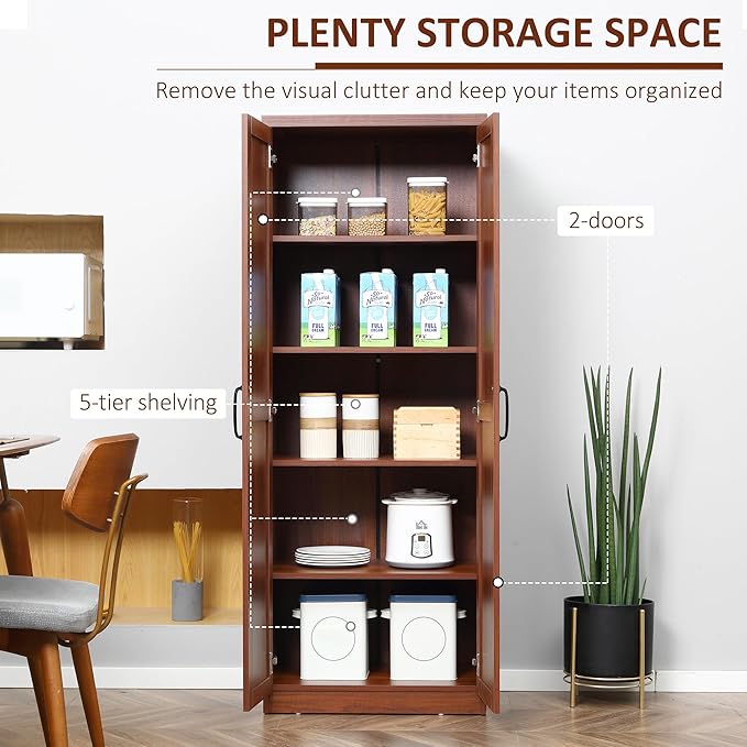 HOMCOM 63" 2-Door Kitchen Pantry, Freestanding Storage Cabinet with 5-Tier Shelving and 2 Adjustable Shelves for Dining Room, Brown