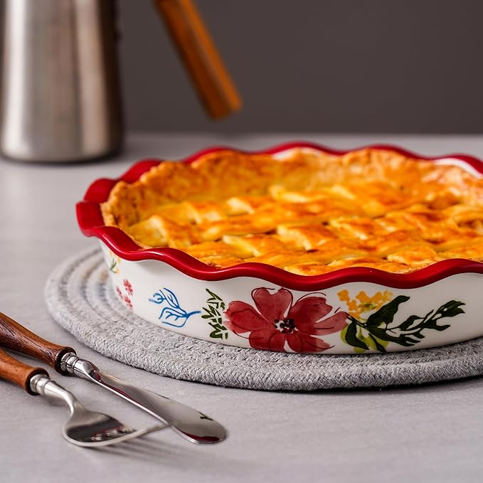 Pie Pan Ceramic Pie Plate, 9 inch Deep Dish Pie Pans, Nonstick Pie Pans for Baking, Red Floral Pie Dish For Kitchen