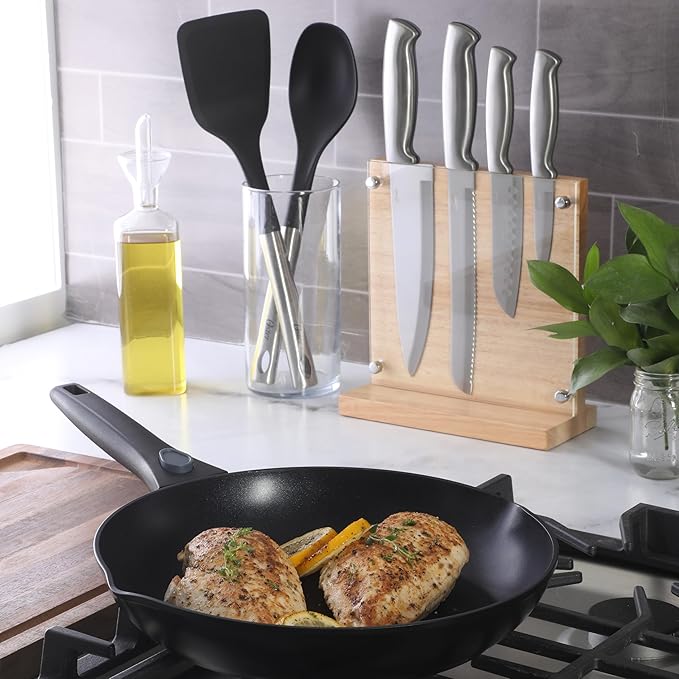 Oster Baldwyn 5-Piece Stainless Steel Knife Block Set with Wood Magnetic Stand – Countertop Display & Knife-Safe Storage
