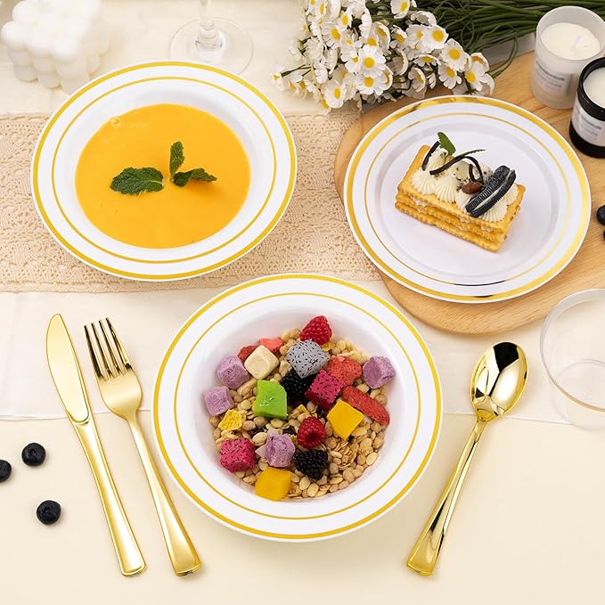 50 Pack Disposable Soup Bowls with Gold Rim, 12oz Premium Heavy Duty Plastic Dinner Bowls for Party, Wedding and Holiday