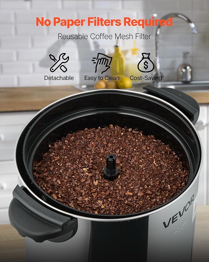 VEVOR Commercial Coffee Urn, 30 Cup 4.5 L Hot Beverage Dispenser with Dripless Faucet, Quick-Brewing Commercial Coffee Maker with Stainless Steel Liner, for Catering, Business, Church & Restaurant