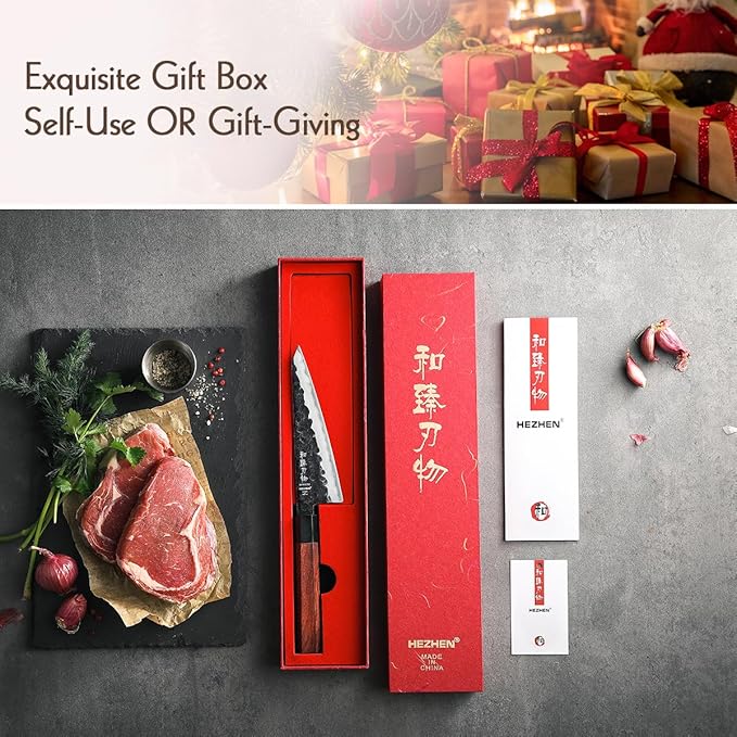 HEZHEN 5.8 inch Multi-purpose Knife,10Cr15CoMoV Steel Core,Triple-layer Composite Steel,Redwood Handle,Professional Kitchen Knife - Razor Sharp