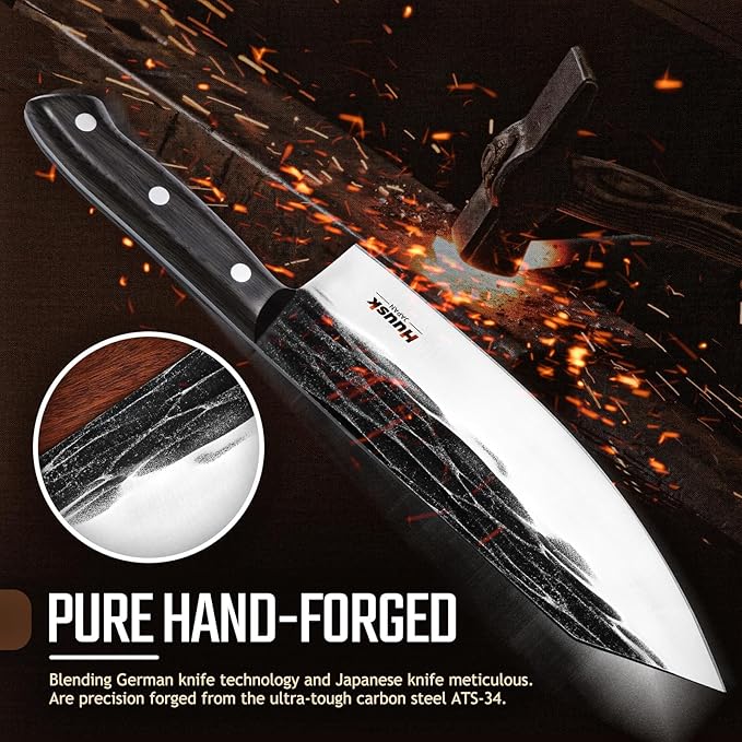 Huusk Japanese Cooking Knife, Butcher Knives for Meat Cutting, Hand Forged Kitchen Knives with Full Tang Handle, Brisket Trimming Knives with Sheath for BBQ, Camping, Gifts for Men