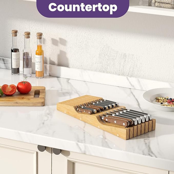 Bamboo In-Drawer Knife Block for 15 Knives(Not Included), Knife Drawer Organizer,Knife Holder Countertop,Block Knife Storage Organizer for Kitchen