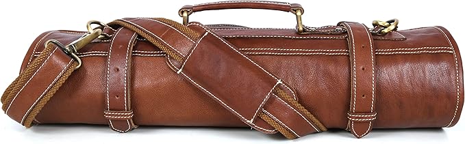Leather Knife Roll Storage Bag, Elastic and Expandable 10 Pockets, Adjustable/Detachable Shoulder Strap, Travel-Friendly Chef Knife Case (Raven, Leather)