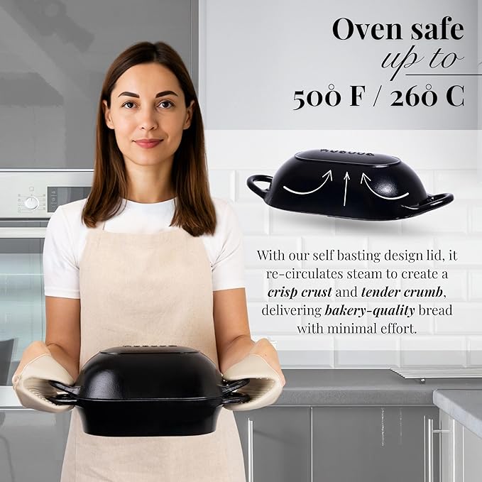 nuovva Dutch Oven For Sourdough Bread Baking – Enamelled Cast Iron Bread Loaf Pot – Oven Safe Non Stick Bread Pot – Rectangular, Black, 24cm x 16cm
