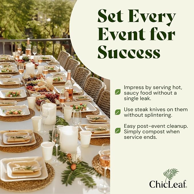 Chic Leaf Compostable & Biodegradable Palm Leaf Disposable Bamboo Plates - Disposable Party Plates for Appetizers - Camping Essentials - Reusable Party Supplies (10 & 7 Inch Square)