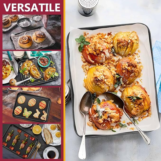 P&P CHEF 10.5 Inch Baking Cookie Sheet Pan, Carbon Steel Oven Tray, Non Stick Bakeware for Cooking Baking Bread Meat Vegetables, Sturdy & Healthy, Easy Clean, 2Pcs
