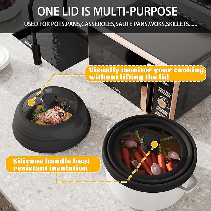 Collapsible Microwave Splatter Cover - Vented Silicone & Glass Lid with Easy-Grip Handle, Fits 6 to 8 Inch Plates & Bowls, 9 Inch Diameter, Prevents Splatters & Ensures Even Heating