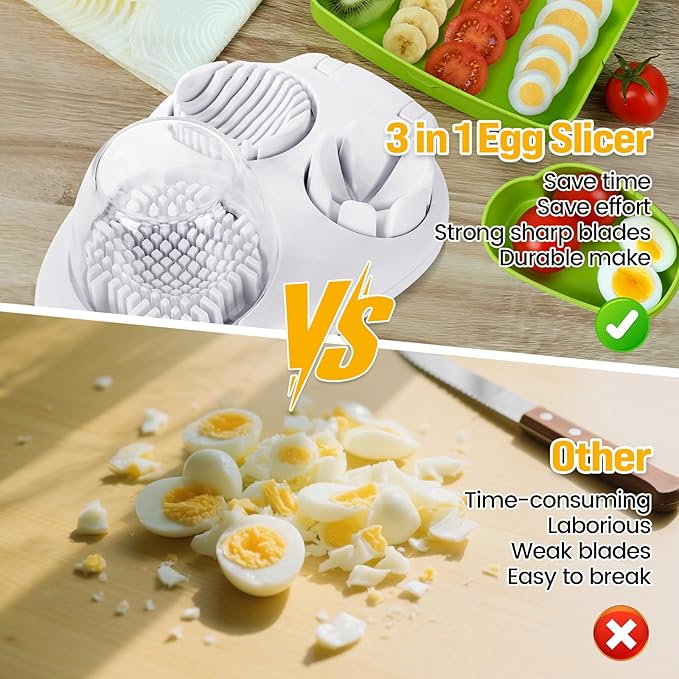 Nbippiooiwip 3-In-1egg Slicer For Hard Boiled Eggs,egg slicer 3 ways, grape cutter, Egg Slicer Kitchen Gadget, Fit Strawberry,Apple,Banana,Cherry,Tomato,grape,White