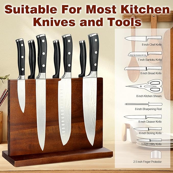 Magnetic Knife Block Double Sided Magnetic Knife Holder Rack with Strong Enhanced Magnets Acacia Wood Magnetic Knife Storage Stand (Acacia Wood)