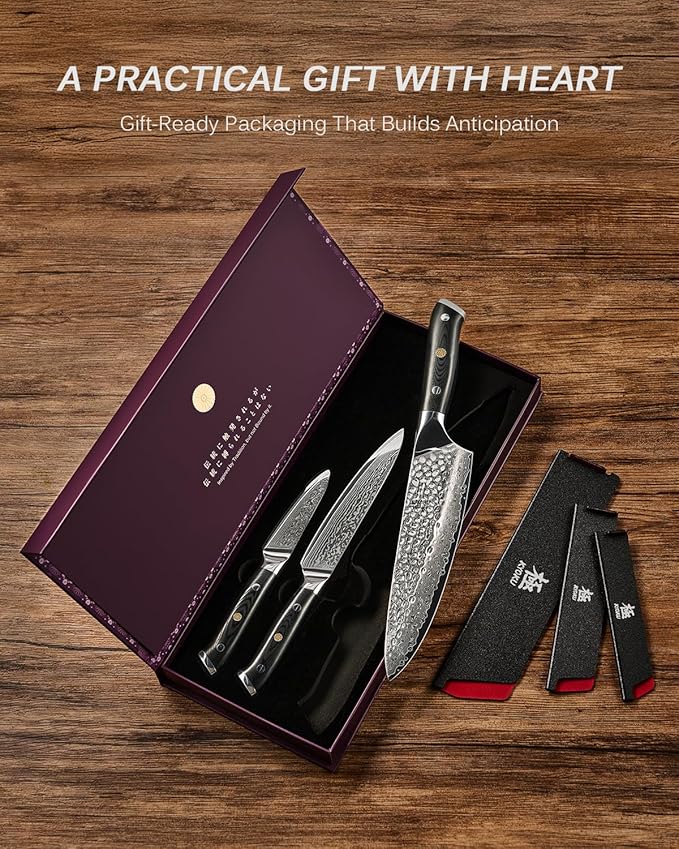 KYOKU Knife Set, 3pc Japanese Kitchen Knife Set for Cooking, 8" Chef 3.6" Paring 6" Utility Knife with Sheath Gift Box, Professional Sharp Damascus Stainless Steel Knives for Meat Vegetable Fruit