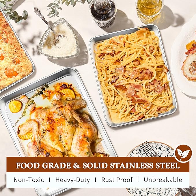TeamFar Baking Pans Set of 3, Stainless Steel Deep Cookie Cake Pan for Home Baking, 12.5/10.5/9.4” Rectangle Bakeware Set for Bread/Casserole/Lasagna, Healthy & Sturdy, Dishwasher Safe