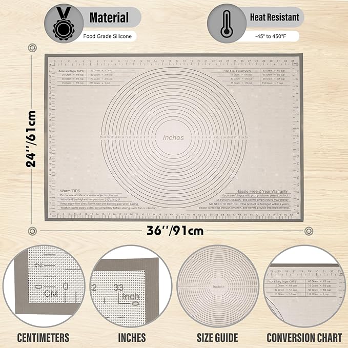 Silicone Pastry Mat 36x24 Inch - Nonstick Baking Mat Perfect for Dough, Pastry, Pie Crust, Fondant, Pasta/Pizza, Kitchen Counter