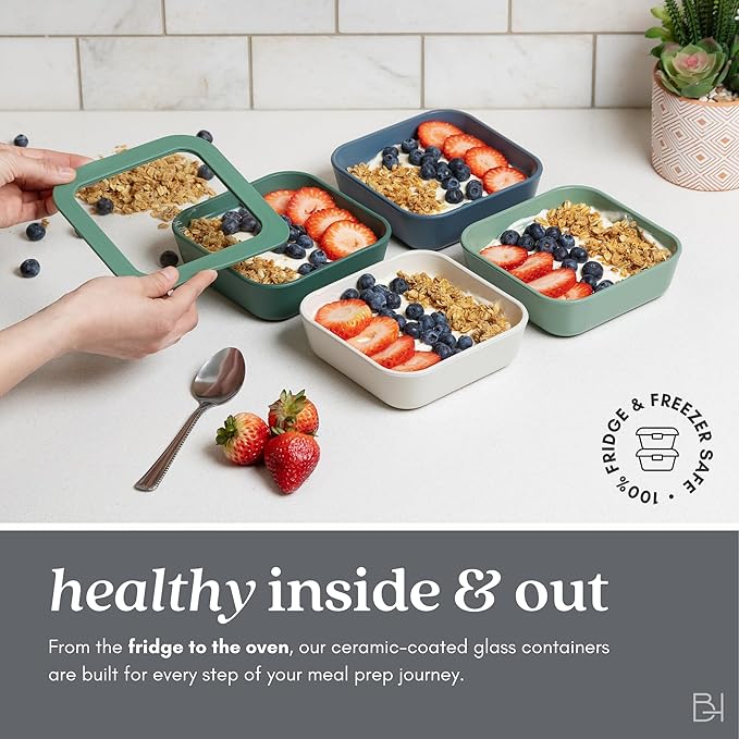 Ceramic Coated Glass Food Storage Containers | No PTFE, PFOA, PFAS, and BPA | Reusable Non Toxic Meal Prep Containers with Glass Lids | Easy To Store | 10 Piece Set [Crema]