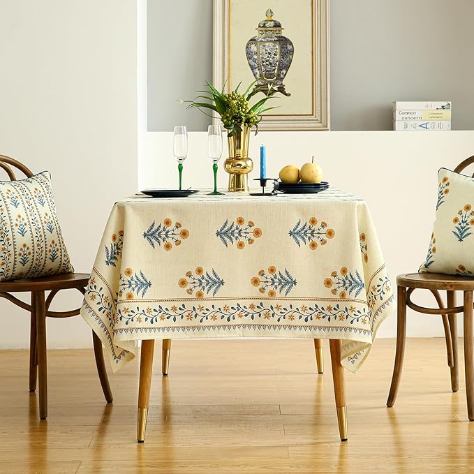 ISAENNE Designer French Pale Yellow Extra Long Rectangle Table Cloth,Linen Floral Tablecloth,Wrinkle Resistant Decor Tablecloths for Dining Thanksgiving Banquet Kitchen Party,67"*118"-Estevan A