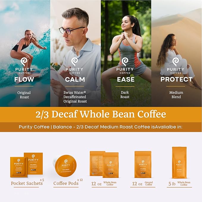 Purity Coffee BALANCE 2/3 Decaf Medium Roast Whole Bean Coffee (12oz Bag) - Specialty-Grade Mountain Water Processed Decaf + Regular Arabica Blend- USDA Certified Organic Decaffeinated - Third Party Tested for Mold, Mycotoxins, Pesticide Residue