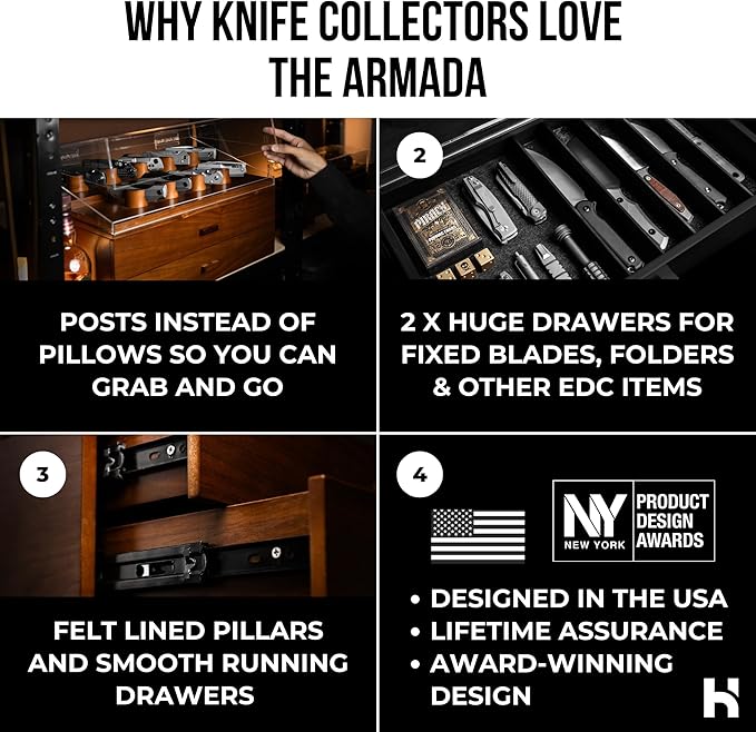 Premium Pocket Knife Display Case for 50 Knives - Extra Large Wooden Knife Organizer, Storage & Holder with Unique Pillars, 2 Drawers - Knife Collection Box - Handcrafted for Men